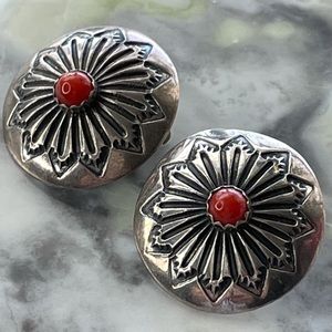 Sterling silver & coral Southwest concho earrings.